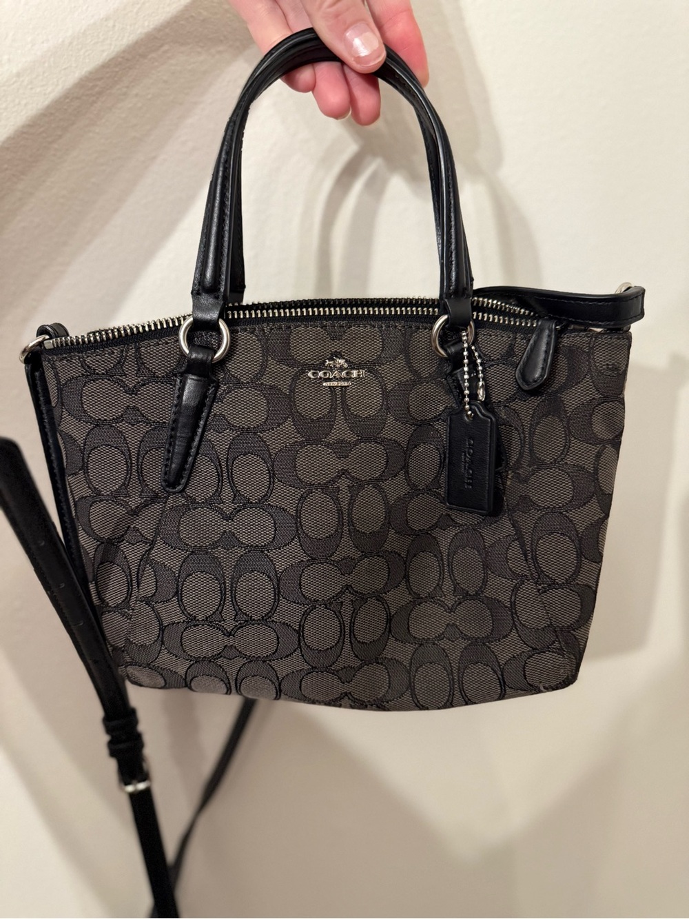 Coach Brown and Black Signature Mini Tote with Crossbody Strap